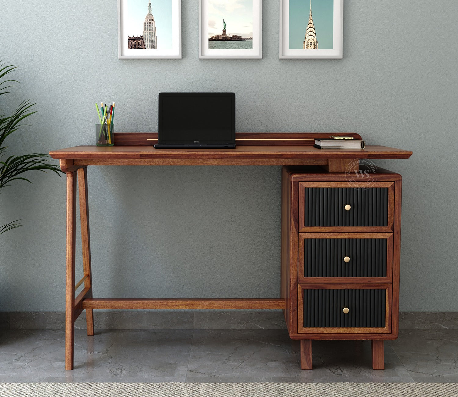 Gulliver Sheesham Wood Study Table with Three Drawers (Teak Finish)