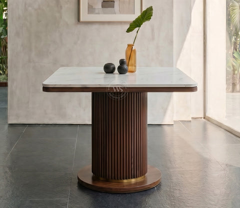 Saumik 4 Seater Sheesham Wood Dining Table with Marble Top (Teak Finish)