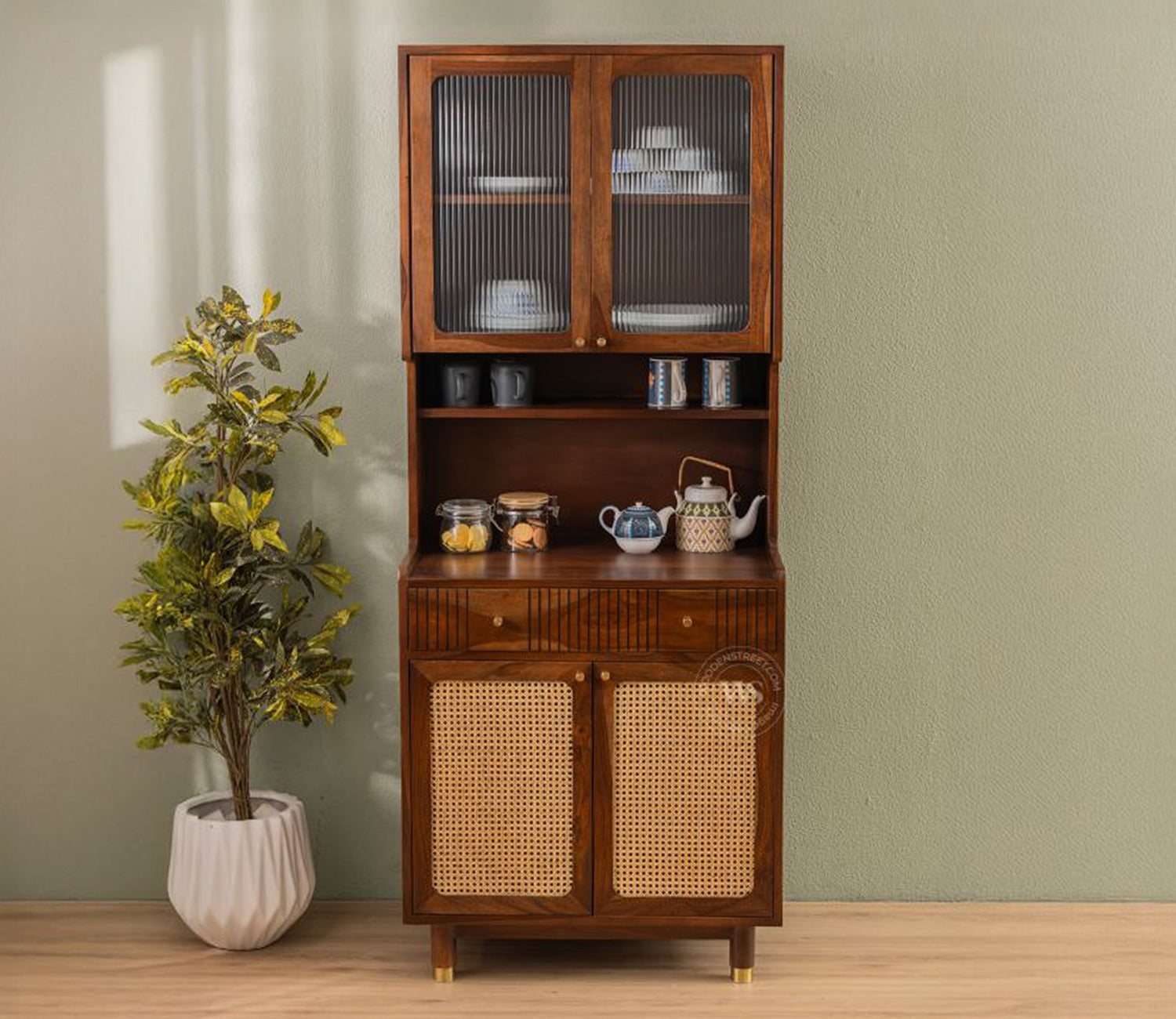 Sanchay Classic Kitchen Cabinet with Fluted Glass, Cane Weave & Brass Knobs (Teak Finish)
