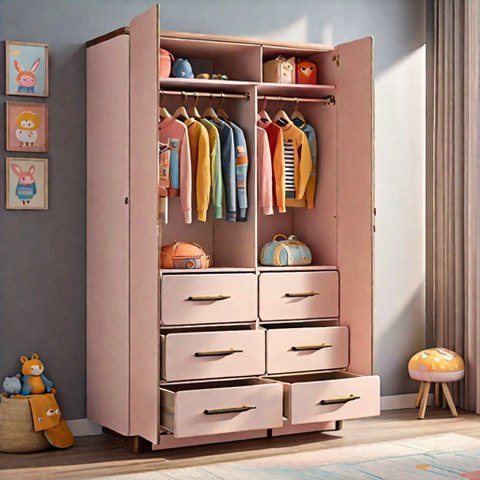 Trueliving 4 Cabinet Open Kids wardrobe Laminated Finish & PU Finish with Drawers (6Ft *2Ft *9Ft -1828.8MM X 609MM X 2743.2MM)