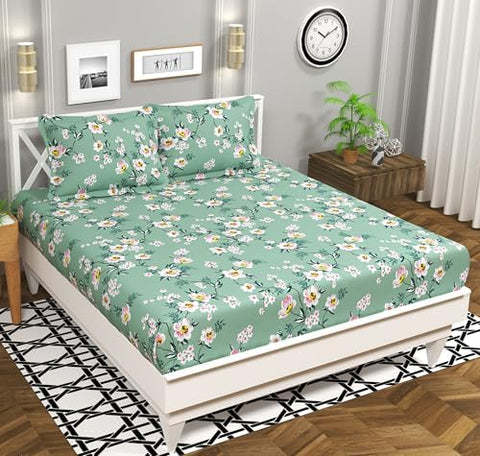 BSB HOME 100% Cotton Feel Double Bed Bedsheet Set | 144 TC Soft & Breathable | Mint Green White Flower Print with 2 Pillow Covers | Wrinkle Free | for Bedroom (90 x 90 Inches)