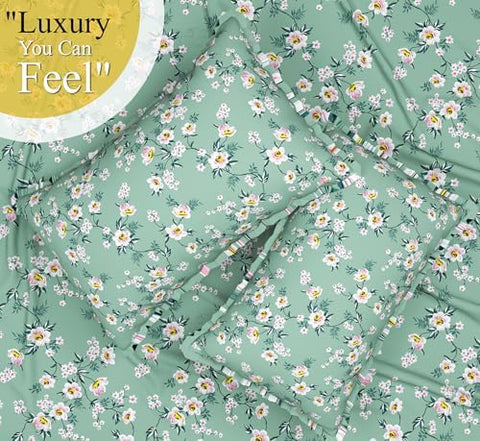 BSB HOME 100% Cotton Feel Double Bed Bedsheet Set | 144 TC Soft & Breathable | Mint Green White Flower Print with 2 Pillow Covers | Wrinkle Free | for Bedroom (90 x 90 Inches)