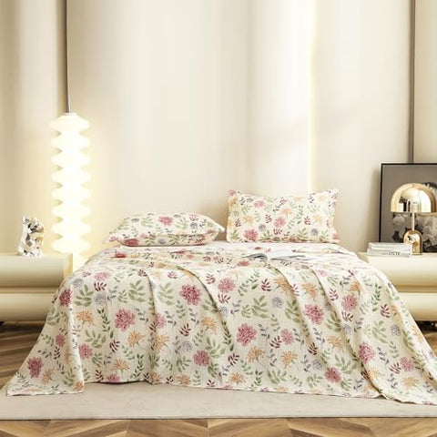 Story@Home King Size Bedsheet | Cloud Cotton Flatsheet King Size with Two Pillow Covers| Super Soft Bed Sheet for King Size Bed | Floral Design (270 x 250 cm, Off White & Pink)