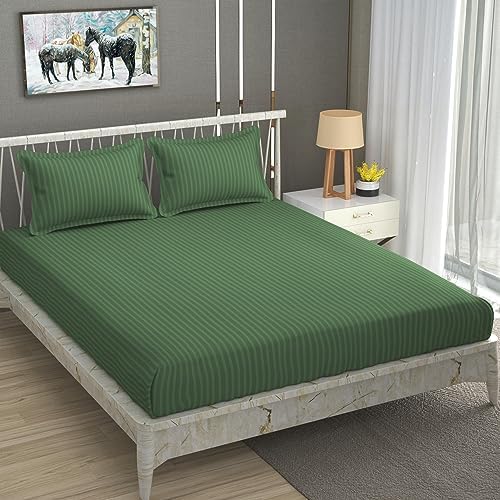 Homefab India 160 TC Stripe Glace Cotton Double BedSheet with 2 Pillow Covers - (90x90 inches) - Dark Green