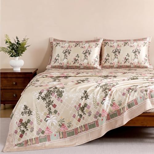 Ishro Home Premium Bedsheet for Double Bed with 2 Pillow Covers – Cloud Cotton Bedsheet, Soft, Silky Smooth & Wrinkle Resistant, Luxury Printed Design (Flat Double Bed Size, Lisbon Garden)