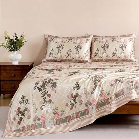 Ishro Home Premium Bedsheet for Double Bed with 2 Pillow Covers – Cloud Cotton Bedsheet, Soft, Silky Smooth & Wrinkle Resistant, Luxury Printed Design (Flat Double Bed Size, Lisbon Garden)