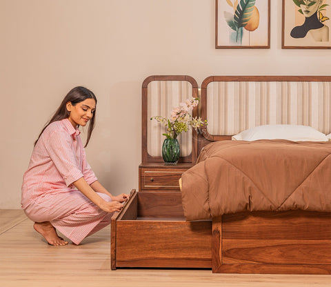 Iransh Premium Sheesham Wood Bed with Striped Headboard Drawer Storage and 2 Bedside Tables (King Size, Cream Stripe)
