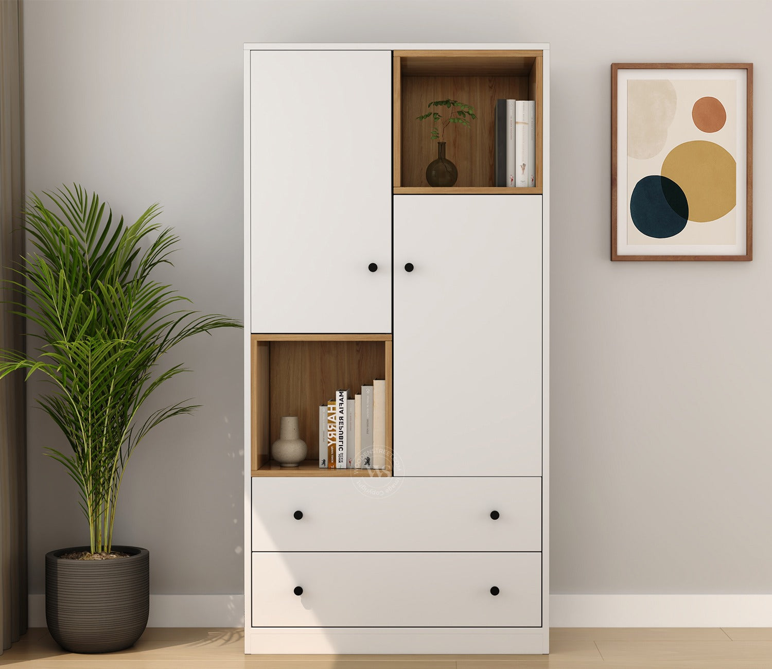 Twain Modern Bookshelf with Open & Closed Storage, Textured Fronts (Engineered Wood, Santana Pattern)