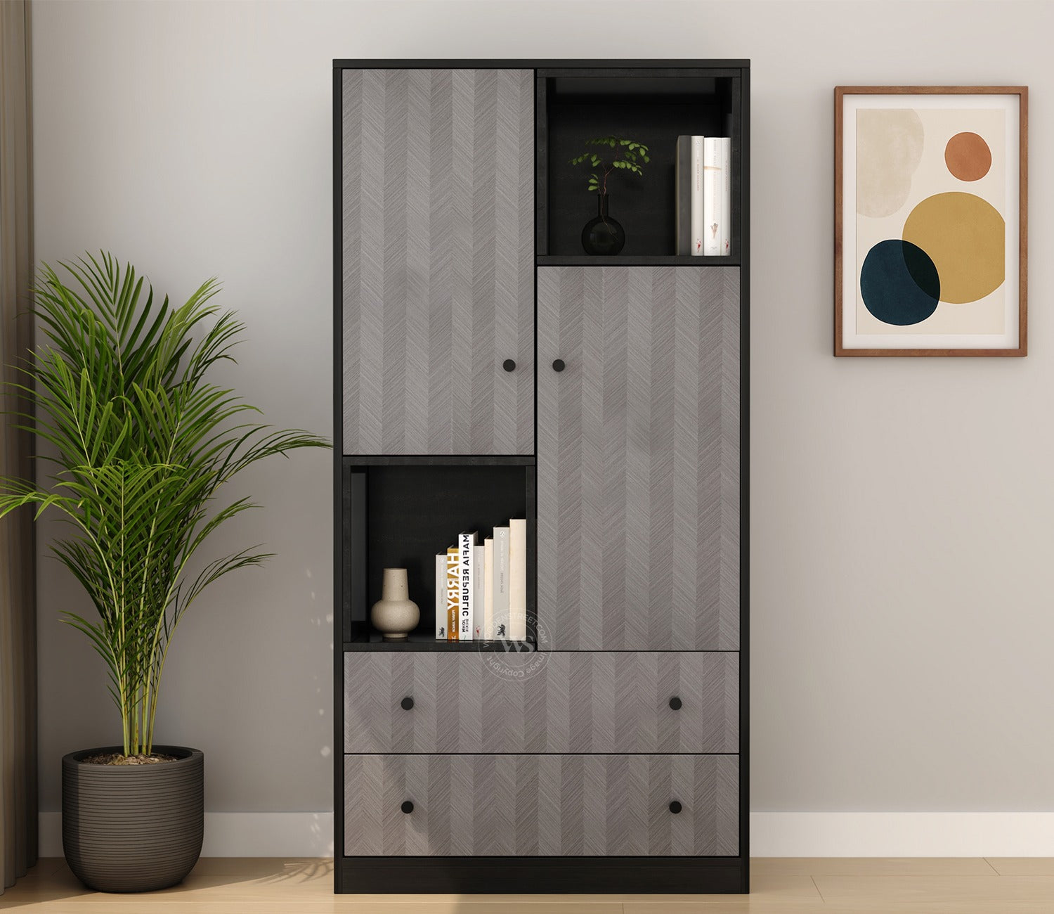 Twain Modern Bookshelf with Open & Closed Storage, Textured Fronts (Engineered Wood, Chevron Pattern)