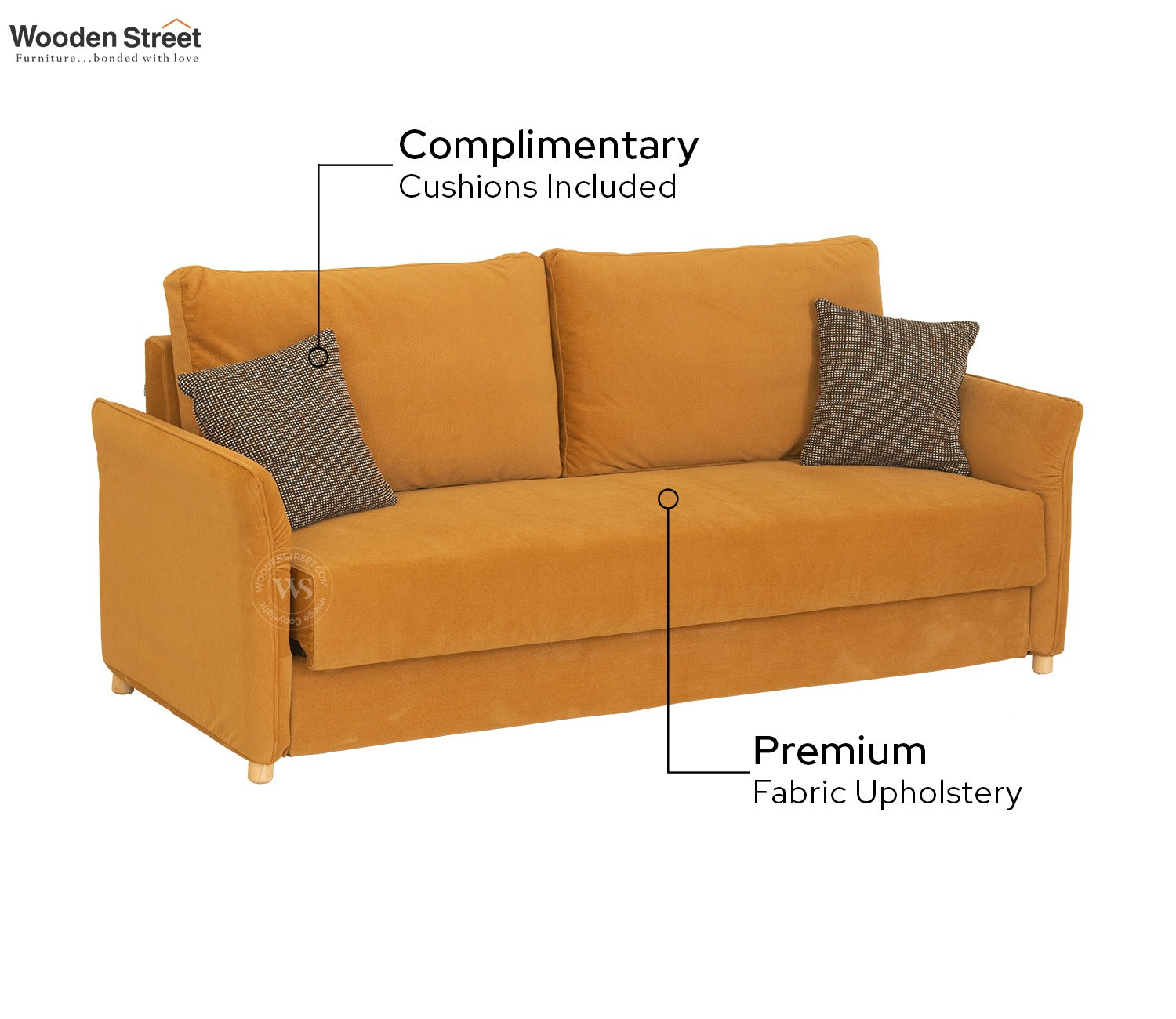 Saffra 3-Seater Sofa Cum Bed | Fold-Out Mechanism | Under-Seat Storage | Fabric Upholstery (Mustard)
