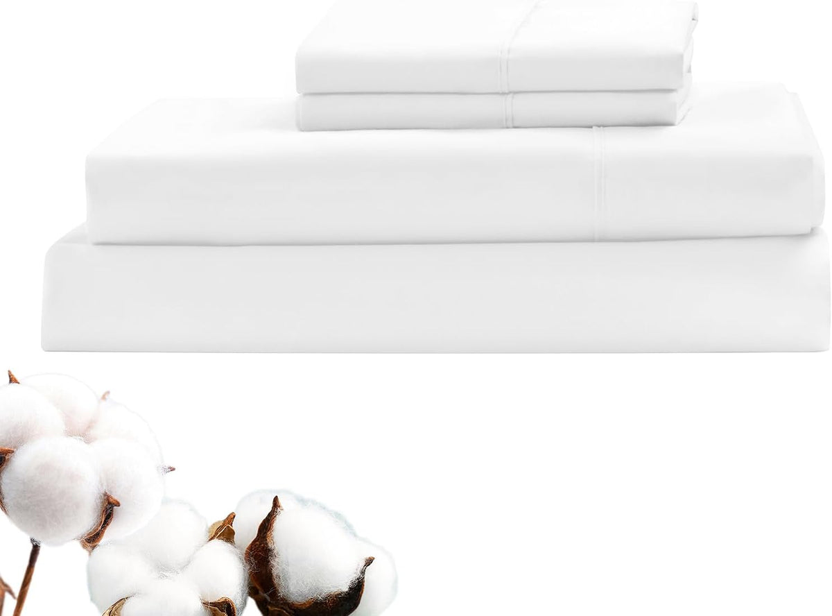 LINENOVA Luxury 100% Natural Cotton Bed Sheet Set - 40cm Deep Pocket Fitted Sheet & Flat Sheet & 1 Pillowcase - 3 Piece