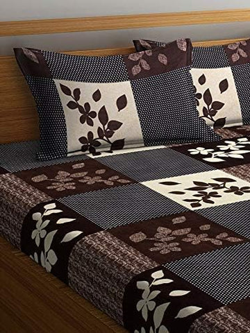 Polycotton 220 TC Floral Printed King Size Double Bedsheet with 2 Pillow Covers, (90 x 90 Inches,) Brown