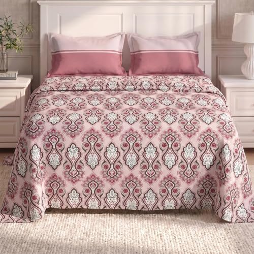 MYTRIDENT Urban Comfort Bedsheet for Double Bed, 144 TC, 100% Cotton Bedsheet with 2 Pillow Covers, Queen Size 228 cm x 254 cm, Delicate Blush