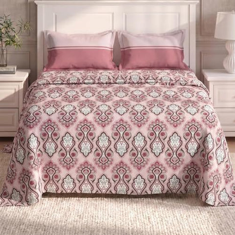 MYTRIDENT Urban Comfort Bedsheet for Double Bed, 144 TC, 100% Cotton Bedsheet with 2 Pillow Covers, Queen Size 228 cm x 254 cm, Delicate Blush