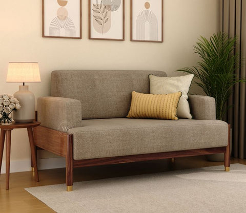 Kairav Modern 2 Seater Wooden Sofa with Premium Upholstery (Pebble Beige)
