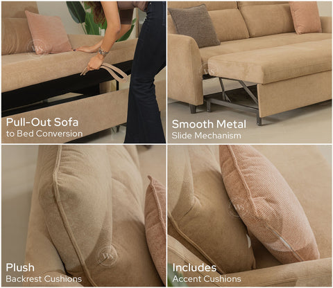 Tevo 3-Seater Sofa Cum Bed | Pull-Out Bed Mechanism | Fabric Upholstery (Beige)