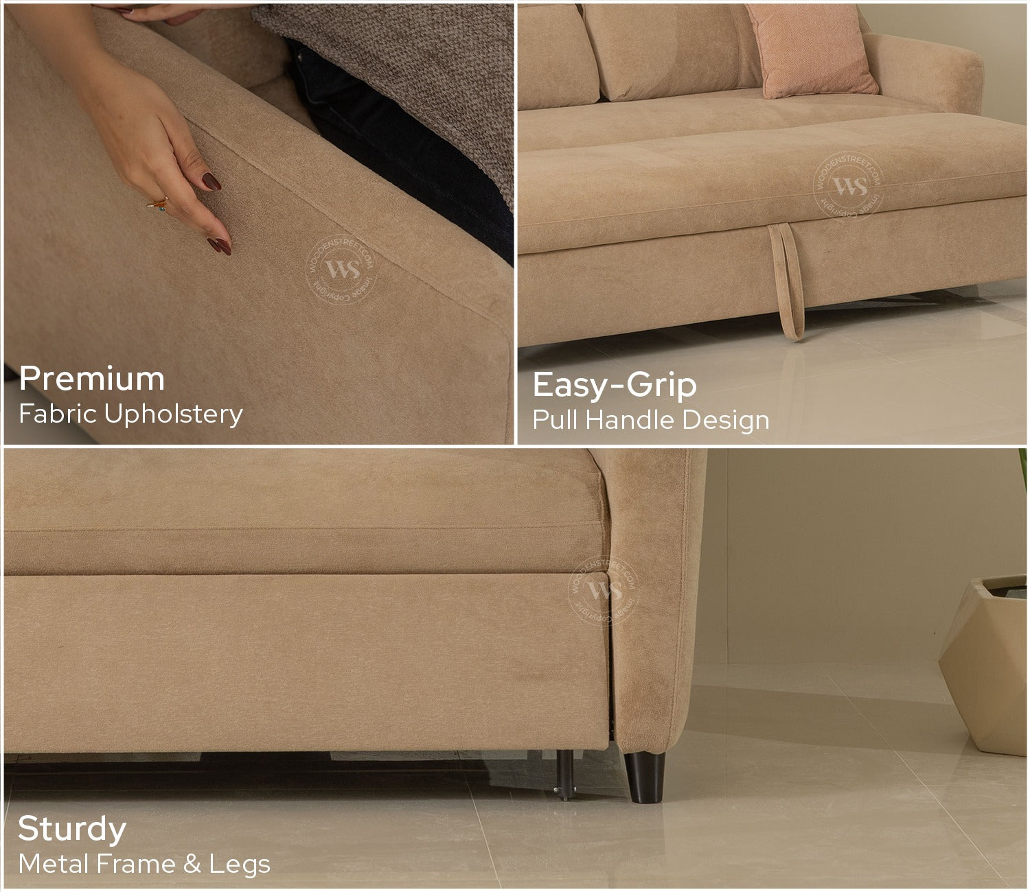 Tevo 3-Seater Sofa Cum Bed | Pull-Out Bed Mechanism | Fabric Upholstery (Beige)