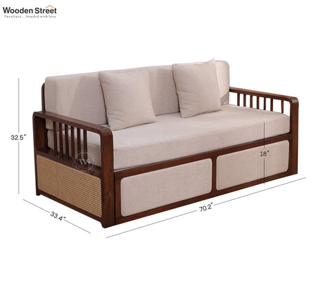 Vaastu 3-Seater Sheesham Wood Sofa Cum Bed in Premium Upholstery with Cane Weaving & Brass Accents (Teak Finish, Cottage Ivory)