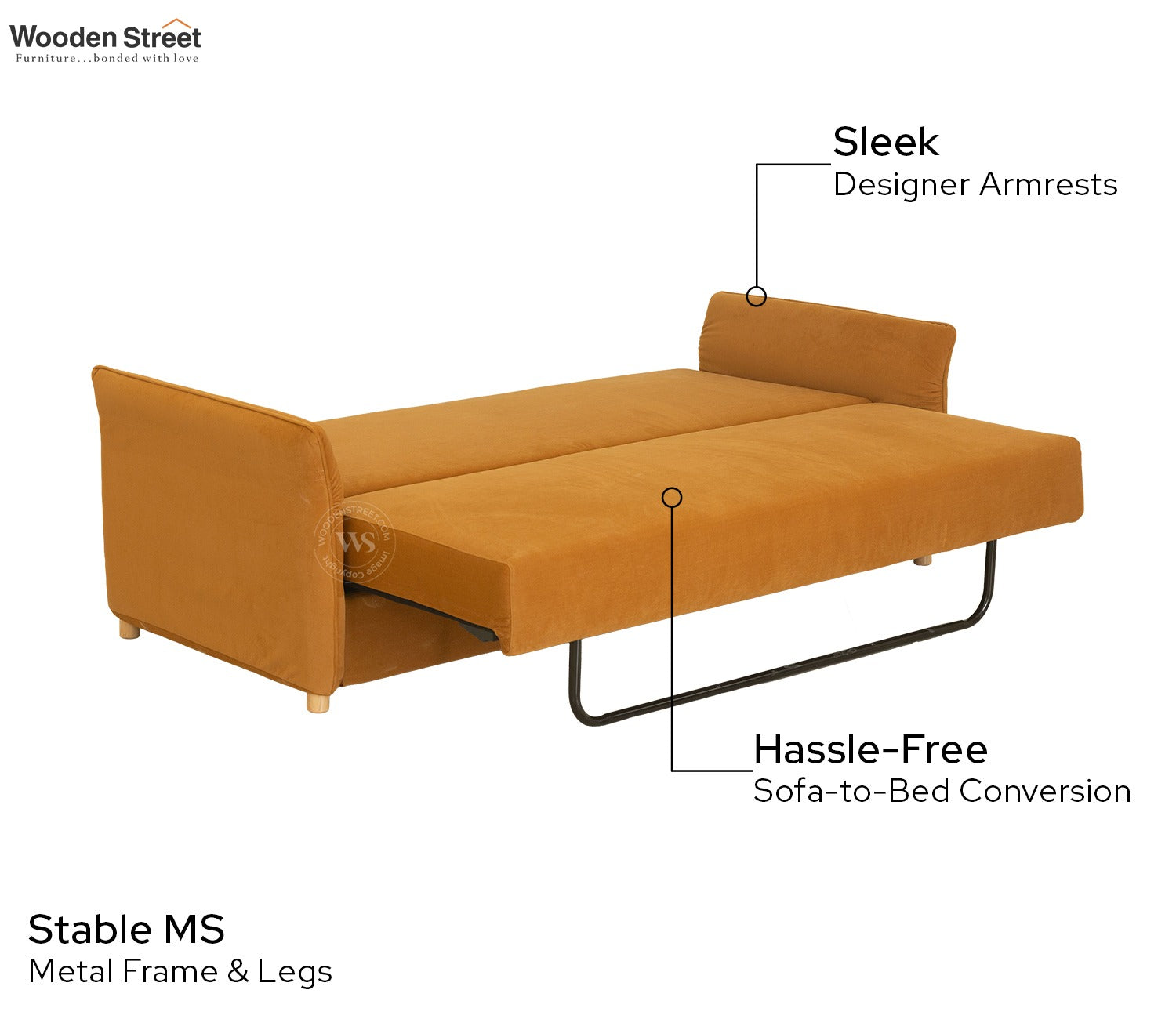 Saffra 3-Seater Sofa Cum Bed | Fold-Out Mechanism | Under-Seat Storage | Fabric Upholstery (Mustard)