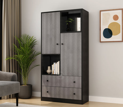 Twain Modern Bookshelf with Open & Closed Storage, Textured Fronts (Engineered Wood, Chevron Pattern)