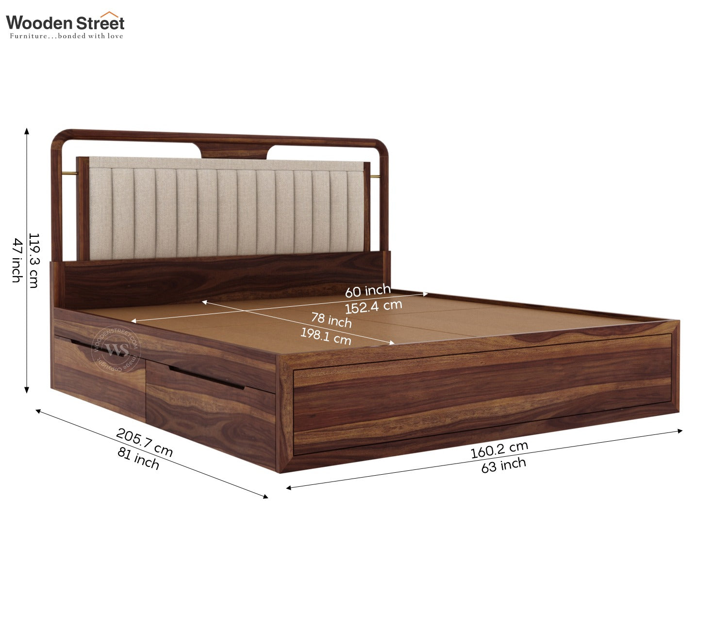 Anvay Sheesham Wood Bed with Upholstered Headboard & Drawer Storage (Queen Size, Jade Ivory, Teak Finish)