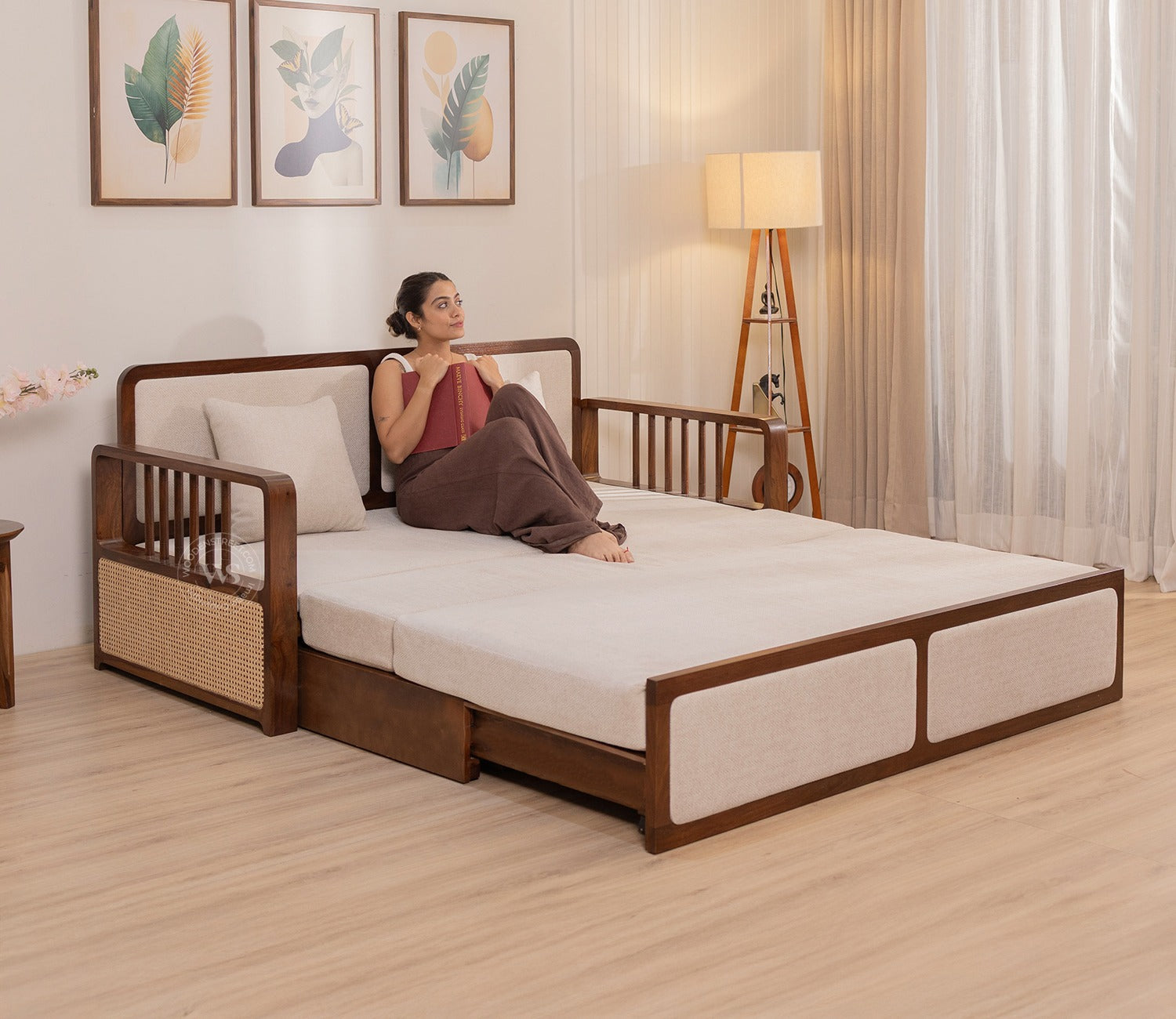 Vaastu 3-Seater Sheesham Wood Sofa Cum Bed in Premium Upholstery with Cane Weaving & Brass Accents (Teak Finish, Cottage Ivory)