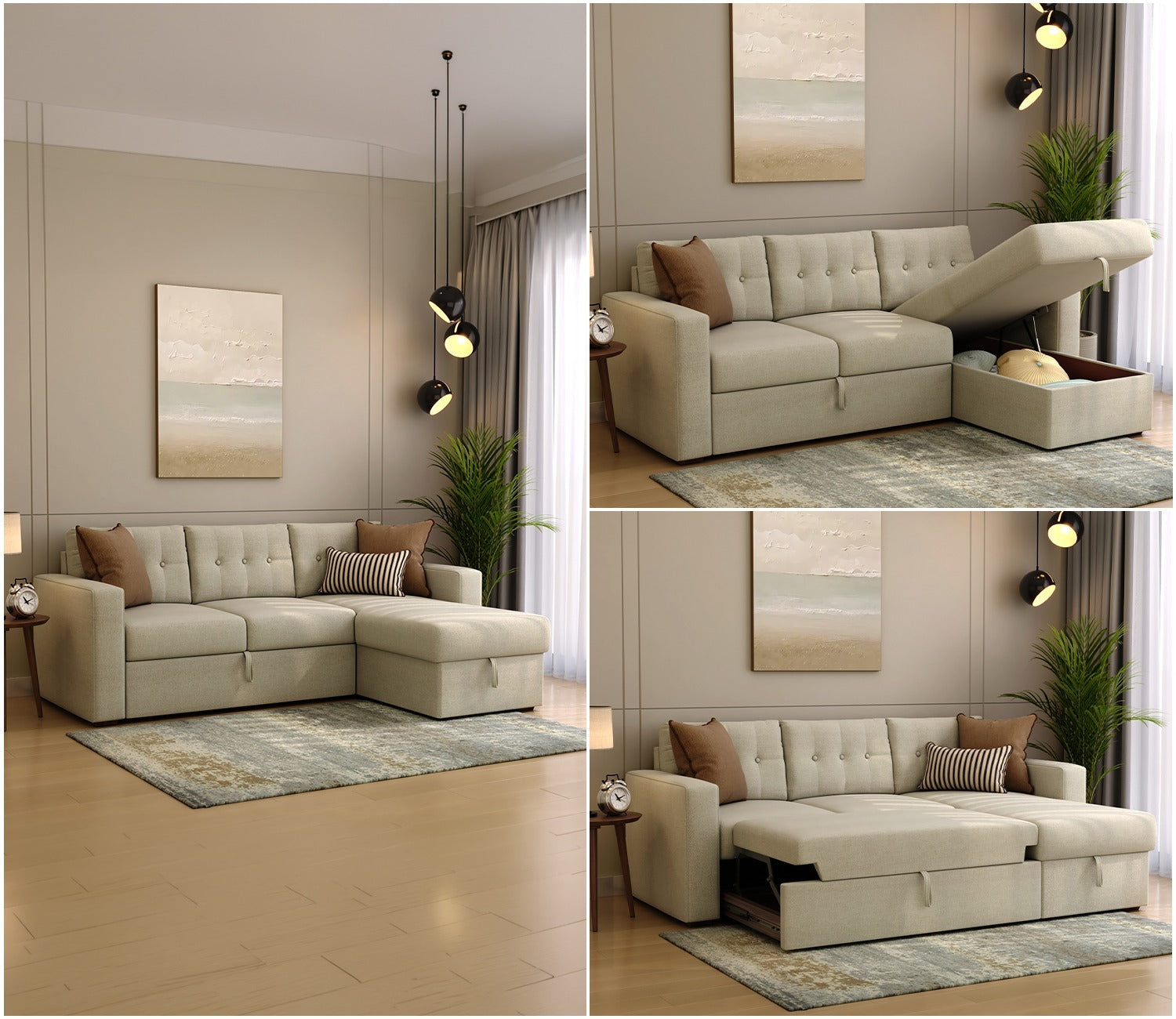 Alfonso Right Aligned Convertible Sofa Cum Bed (Cottage Ivory)