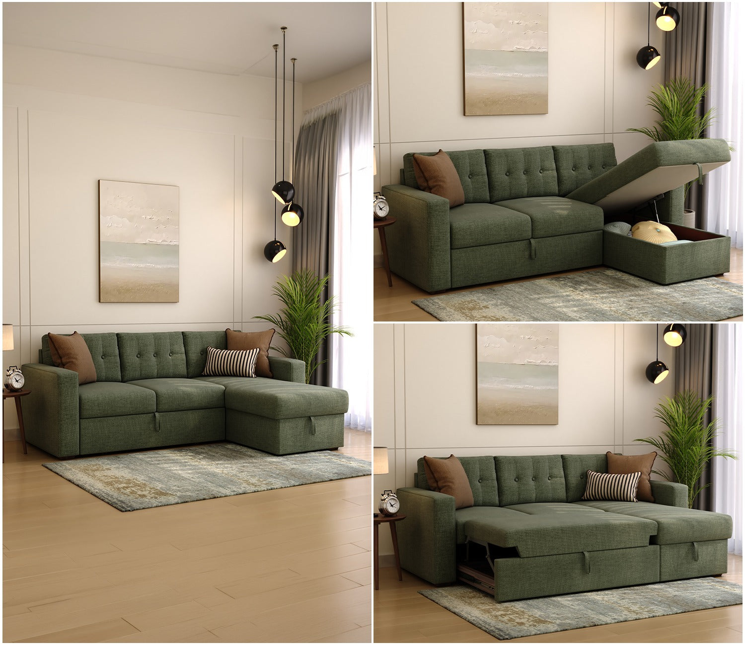 Alfonso Right Aligned Convertible Sofa Cum Bed (Sage Green)