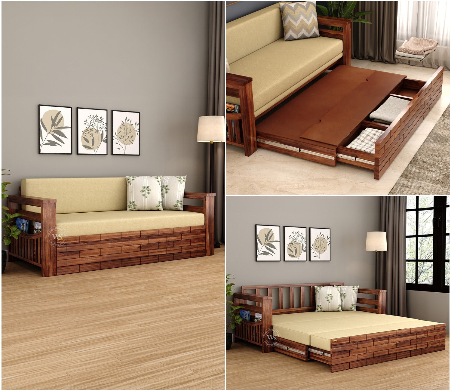 Sereta 3 Seater Sheesham Wood Sofa Cum Bed (King Size, Honey Finish)