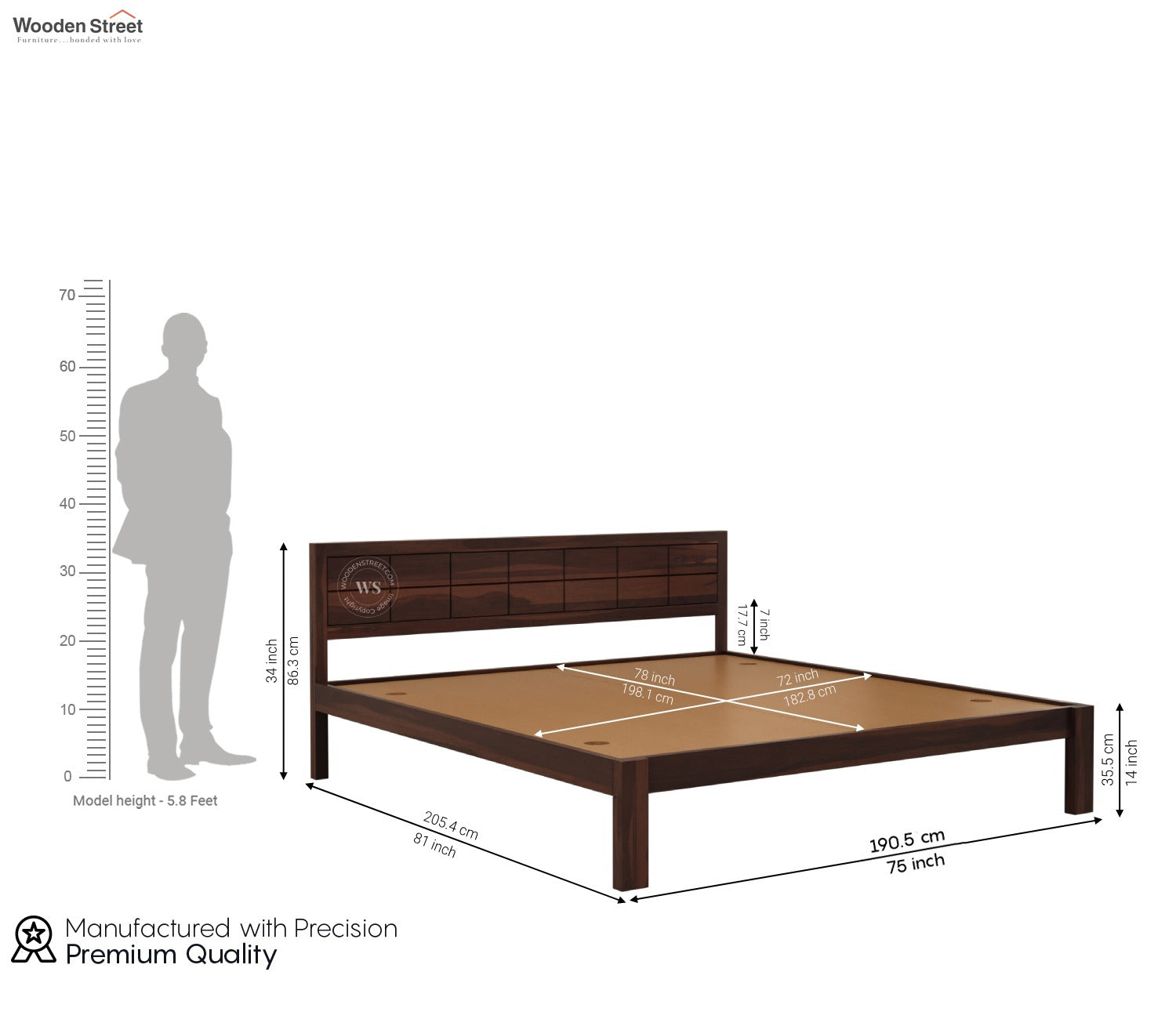 Brixton Sheesham Wood Bed Without Storage (King Size, Walnut Finish)