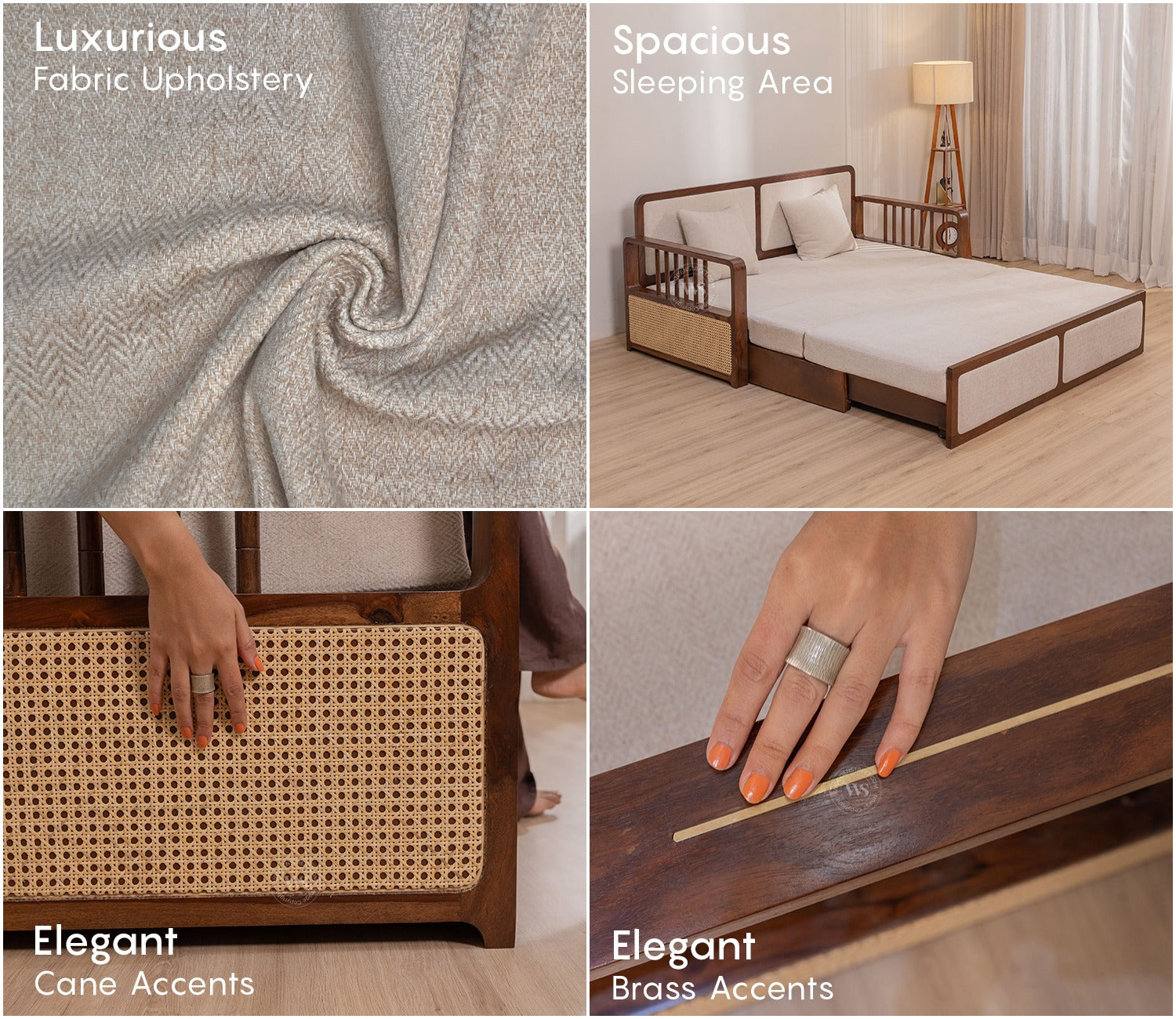 Vaastu 3-Seater Sheesham Wood Sofa Cum Bed in Premium Upholstery with Cane Weaving & Brass Accents (Teak Finish, Cottage Ivory)