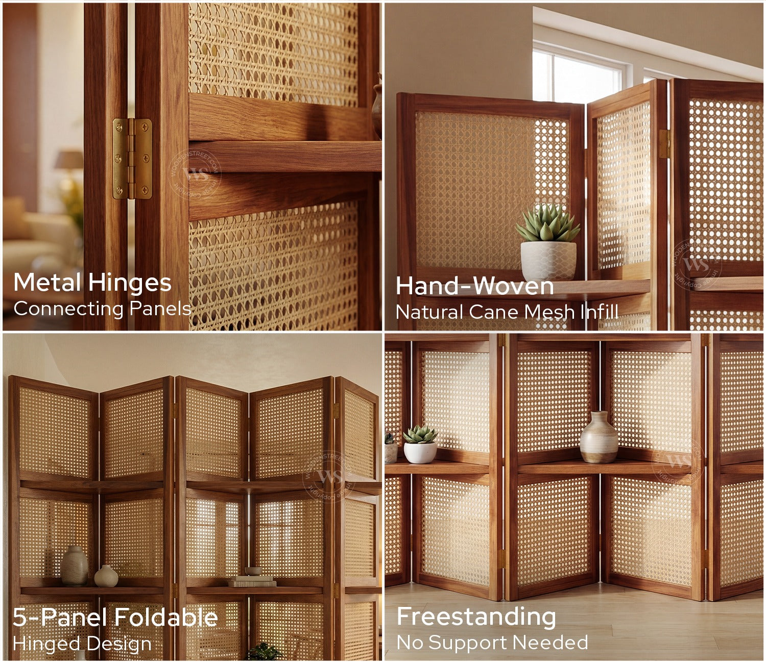 Aakaar Sheesham Wood Foldable Room Divider with Cane Weave & Open Shelves - 5 Panel Partition Screen
