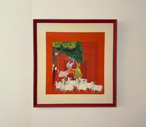 Traditional Indian Miniature Pastoral Scene with Cows Wall Art Frame (Multicolor)