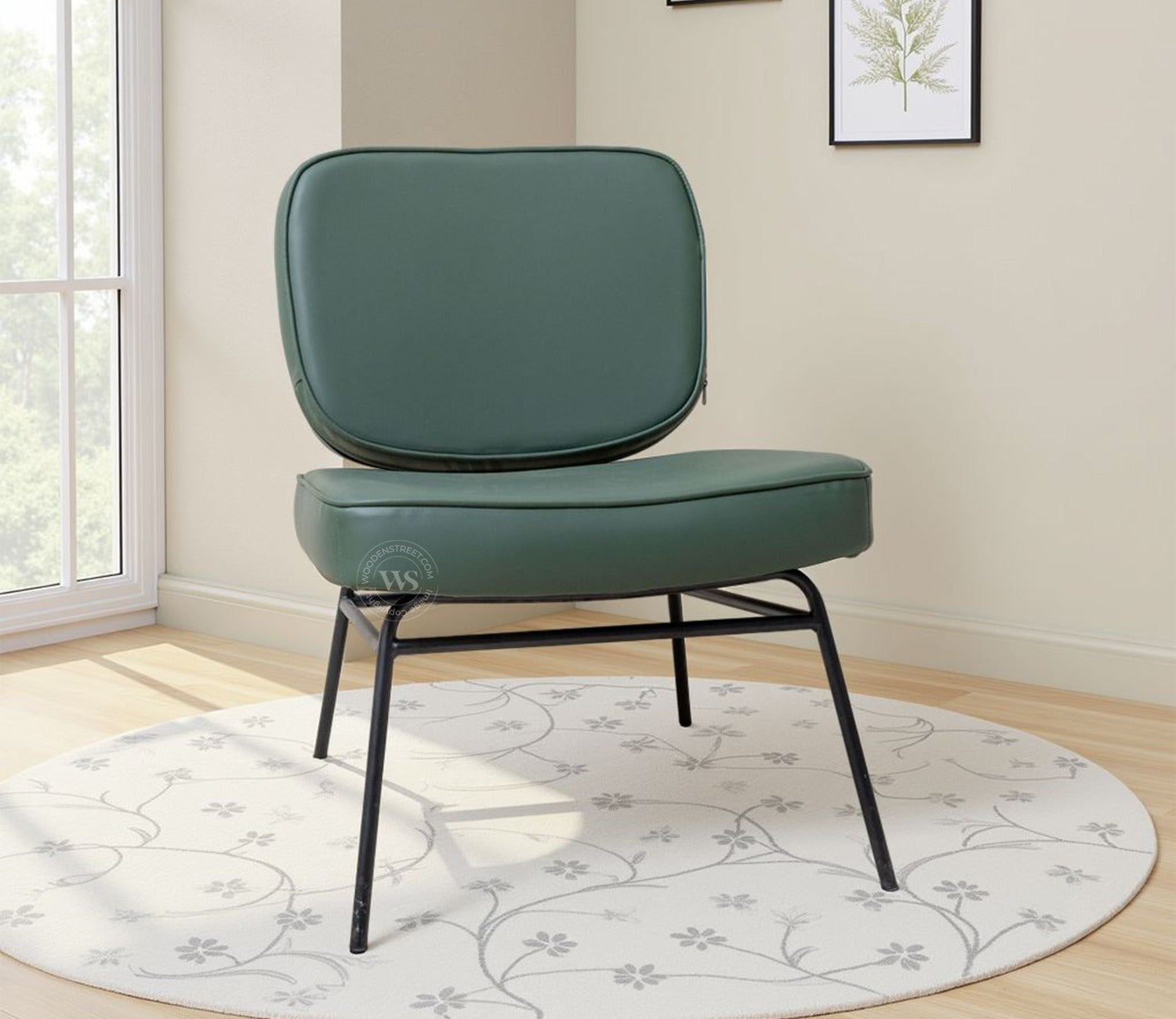 Calista Minimalist Lounge Chair with Leatherette Upholstery and Black Powder-Coated Legs (Olive Green)
