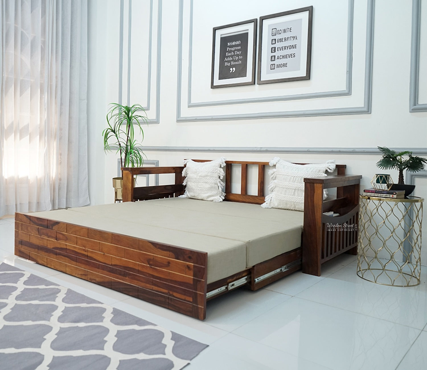 Sereta 3 Seater Sheesham Wood Sofa Cum Bed (King Size, Honey Finish)