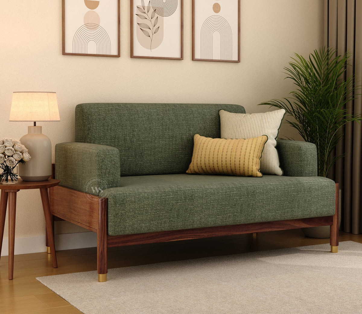 Kairav Modern 2 Seater Wooden Sofa with Premium Upholstery (Sage Green)