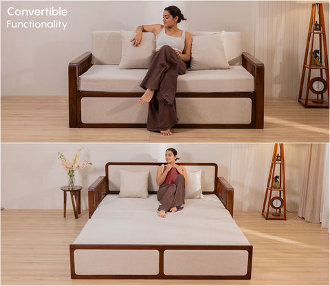 Vaastu 3-Seater Sheesham Wood Sofa Cum Bed in Premium Upholstery with Cane Weaving & Brass Accents (Teak Finish, Cottage Ivory)