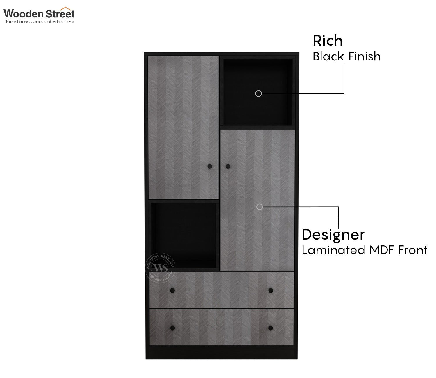 Twain Modern Bookshelf with Open & Closed Storage, Textured Fronts (Engineered Wood, Chevron Pattern)