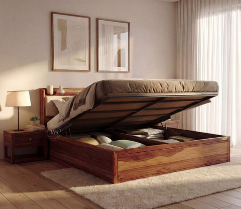 Wildon Premium Sheesham Wood Bed with Cushioned Headboard and Hydraulic Storage (Queen Size, Teak Finish)