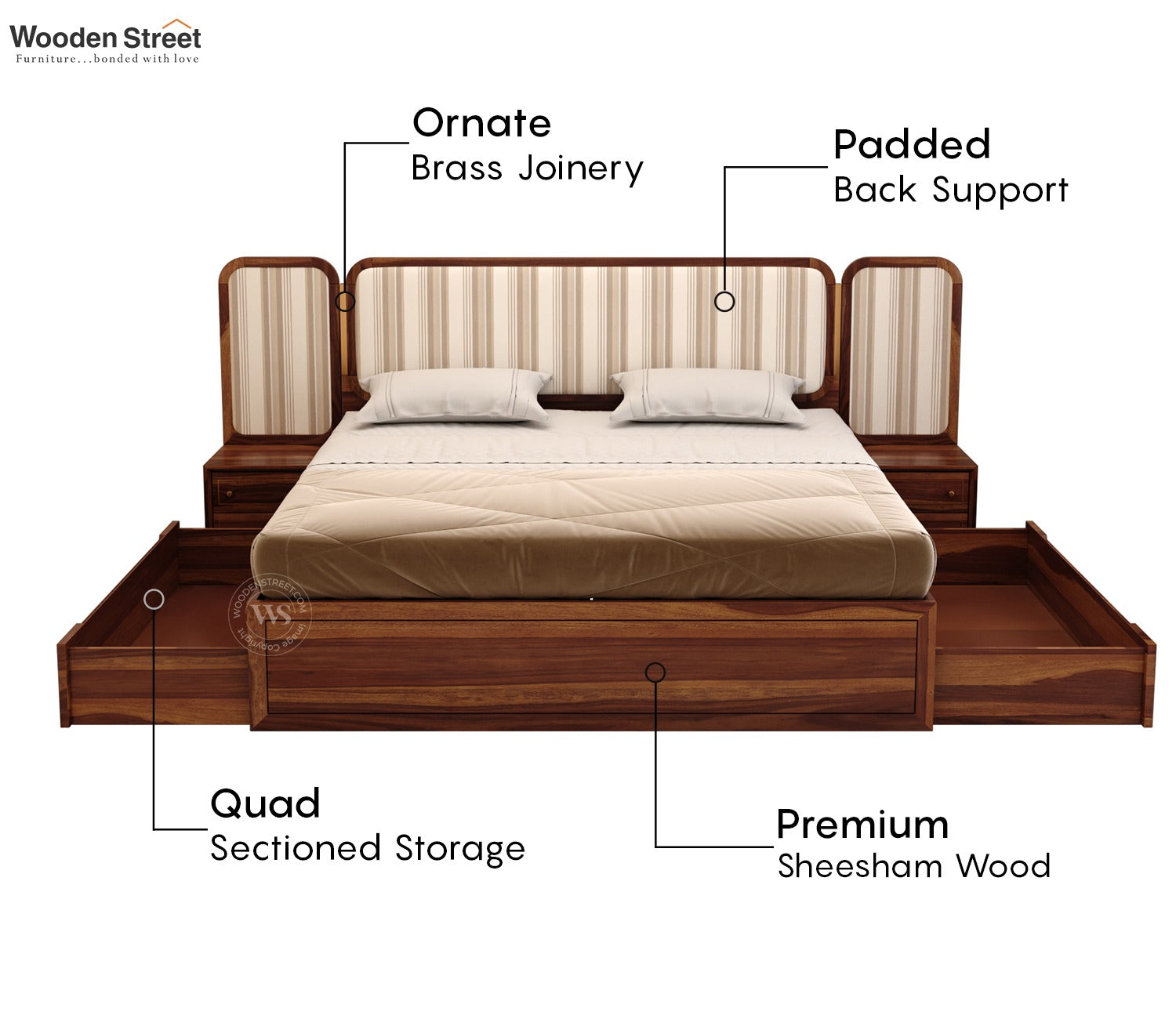 Iransh Premium Sheesham Wood Bed with Striped Headboard Drawer Storage and 2 Bedside Tables (Queen Size, Cream Stripe)
