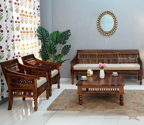 Alanis Wooden Sofa Set (Honey Finish)