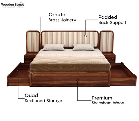 Iransh Premium Sheesham Wood Bed with Striped Headboard Drawer Storage and 2 Bedside Tables (King Size, Cream Stripe)