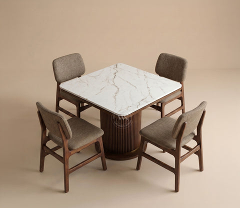 Samanvi 4 Seater Sheesham Wood Dining Table Set with Saumik Marble Top Table and Vinara Chair (Sand Brown)