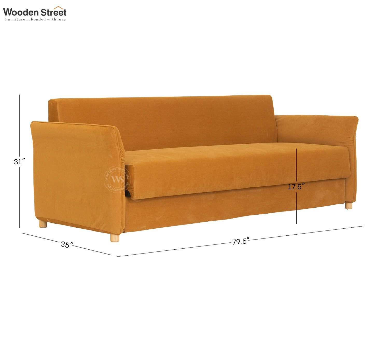 Saffra 3-Seater Sofa Cum Bed | Fold-Out Mechanism | Under-Seat Storage | Fabric Upholstery (Mustard)