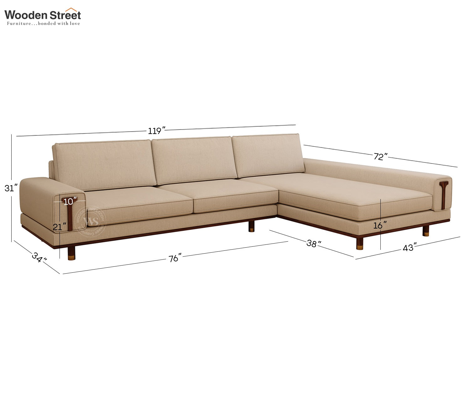 Nivas L-Shaped Sofa with Wooden Accents (Jade Ivory)