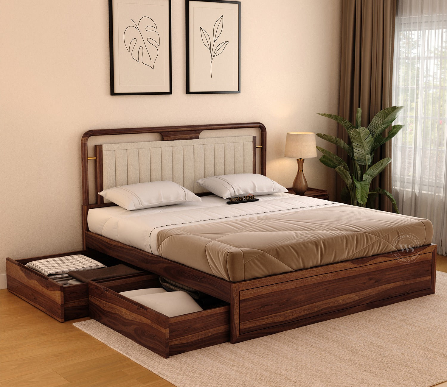 Anvay Sheesham Wood Bed with Upholstered Headboard & Drawer Storage (Queen Size, Jade Ivory, Teak Finish)