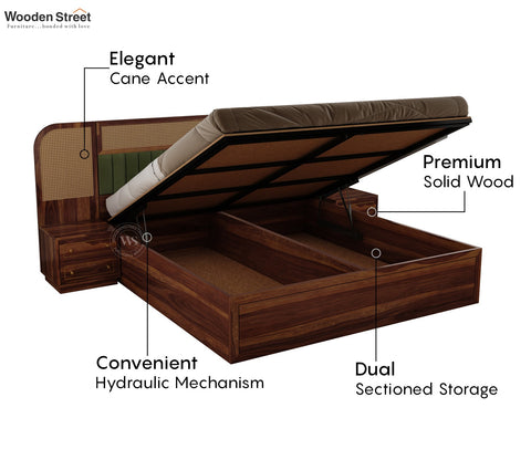 Serah Premium Sheesham Wood Bed with Cane & Velvet Headboard, Hydraulic Storage & 2 Modular Bedside Tables (King Size, Teak Finish)