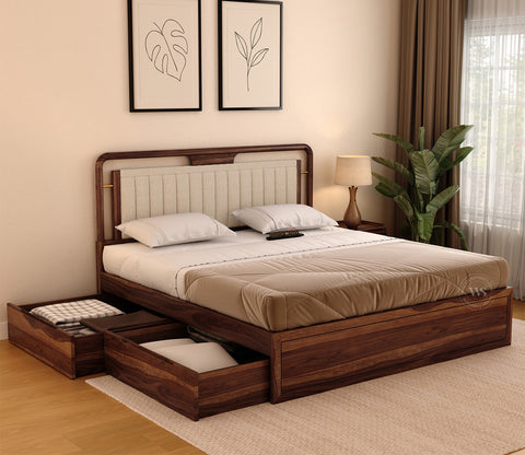 Anvay Sheesham Wood Bed with Upholstered Headboard & Drawer Storage (King Size, Jade Ivory, Teak Finish)