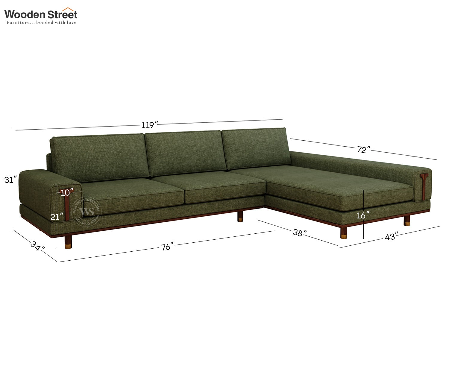 Nivas L-Shaped Sofa with Wooden Accents (Sage Green)