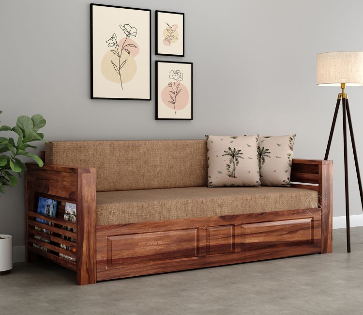 Feltro Sheesham Wood Sofa Bed With Storage (King Size, Honey Beach Cream)